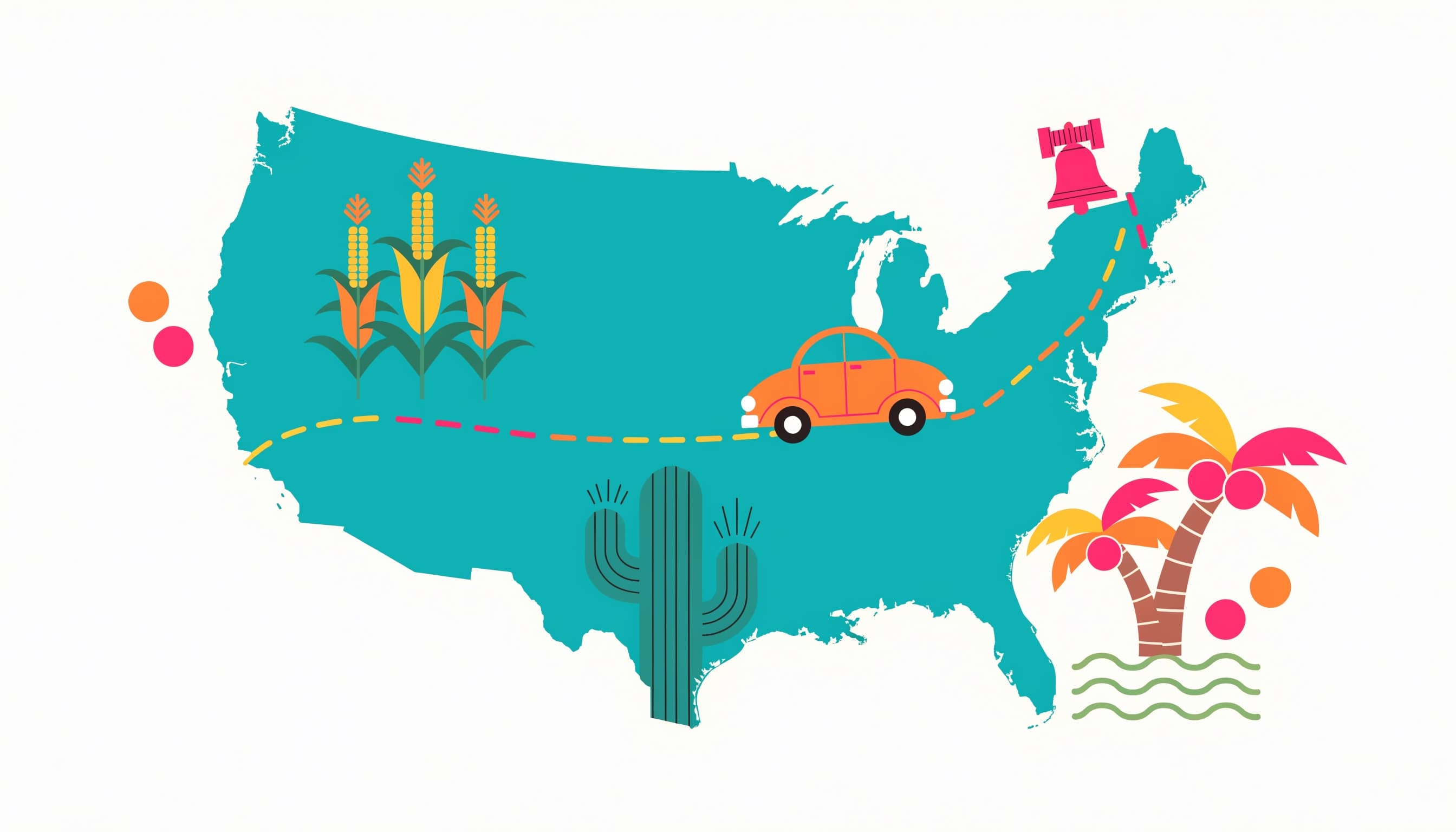 Illustrated road-trip map from Cherry Hill, New Jersey to the Pacific coast